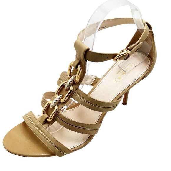 Coach Size 9.5 B Blake Beige & Gold Leather Strappy Sandals - Picture 2 of 7